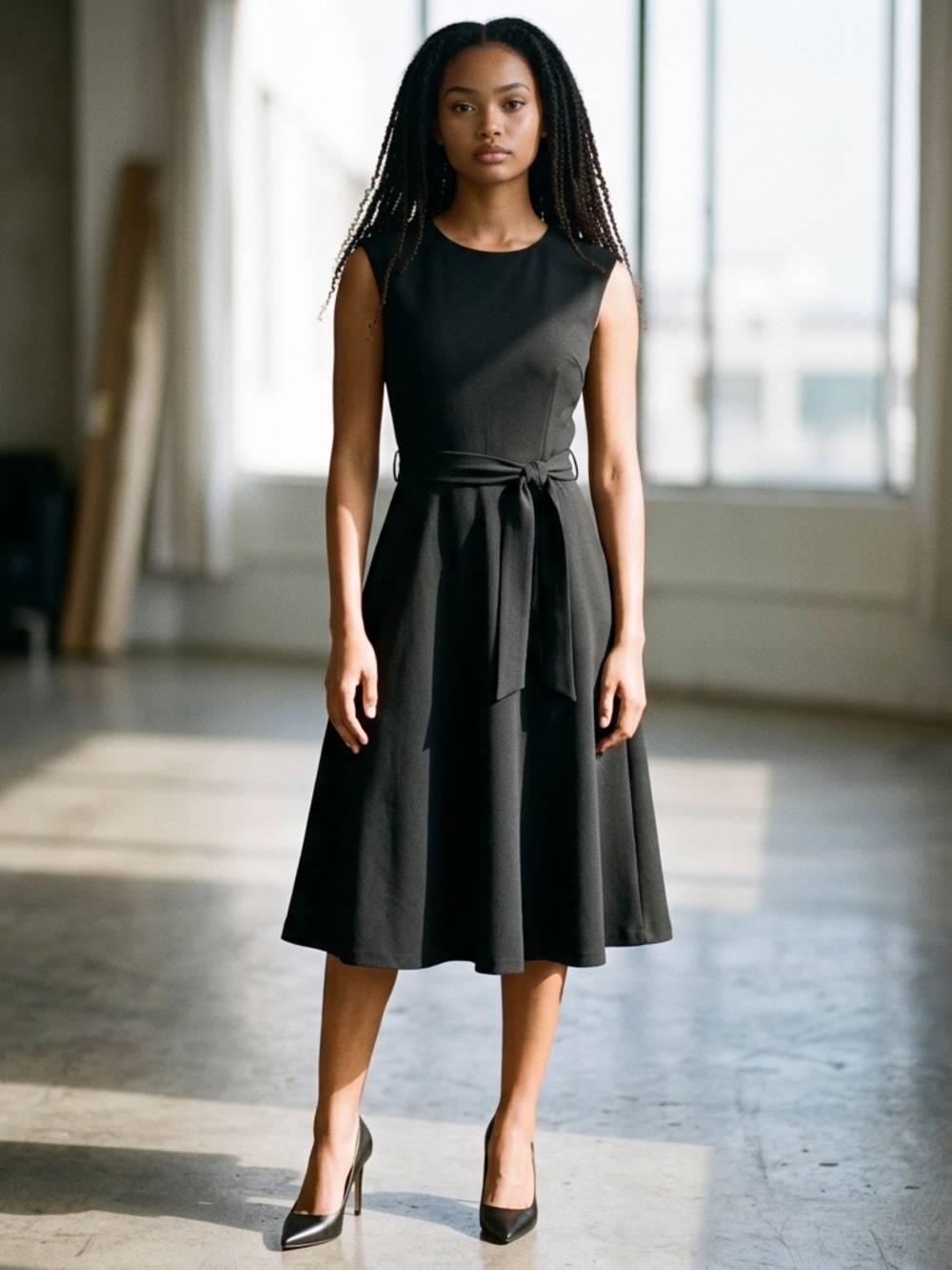 Elegant Black Sleeveless Midi Dress with Waist Tie